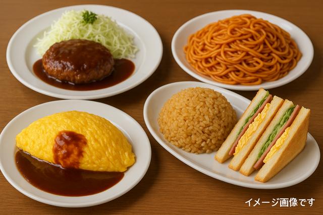 Large portion gourmet food in Himeji with hamburger steak, omurice, spaghetti, fried rice, and sandwich set