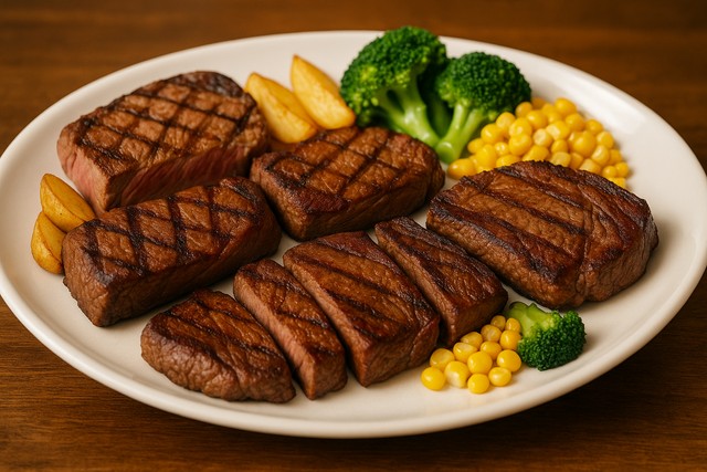 assorted-sirloin-steaks-plate-broccoli-corn-potato-wedges