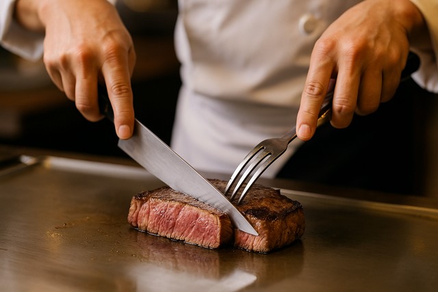 chef-slicing-teppanyaki-steak-on-iron-griddle-closeup