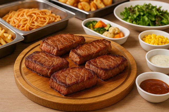 sirloin-steak-medallions-on-wooden-platter-with-sauces