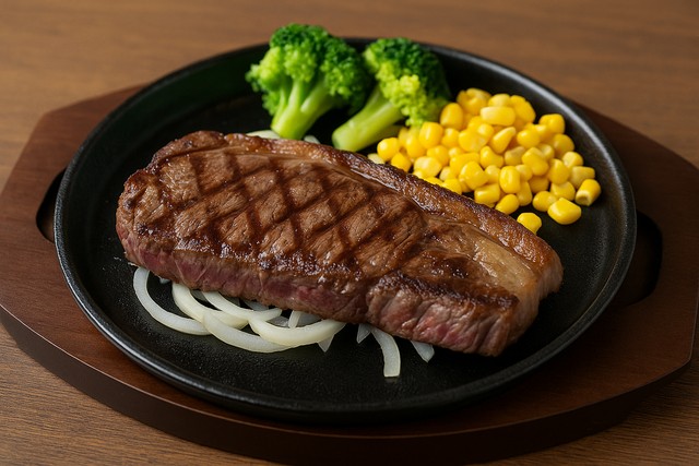 sizzling-striploin-steak-on-cast-iron-plate-onions-corn