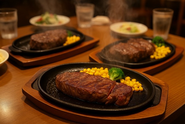 steaming-hotplate-steaks-in-restaurant-dining-table
